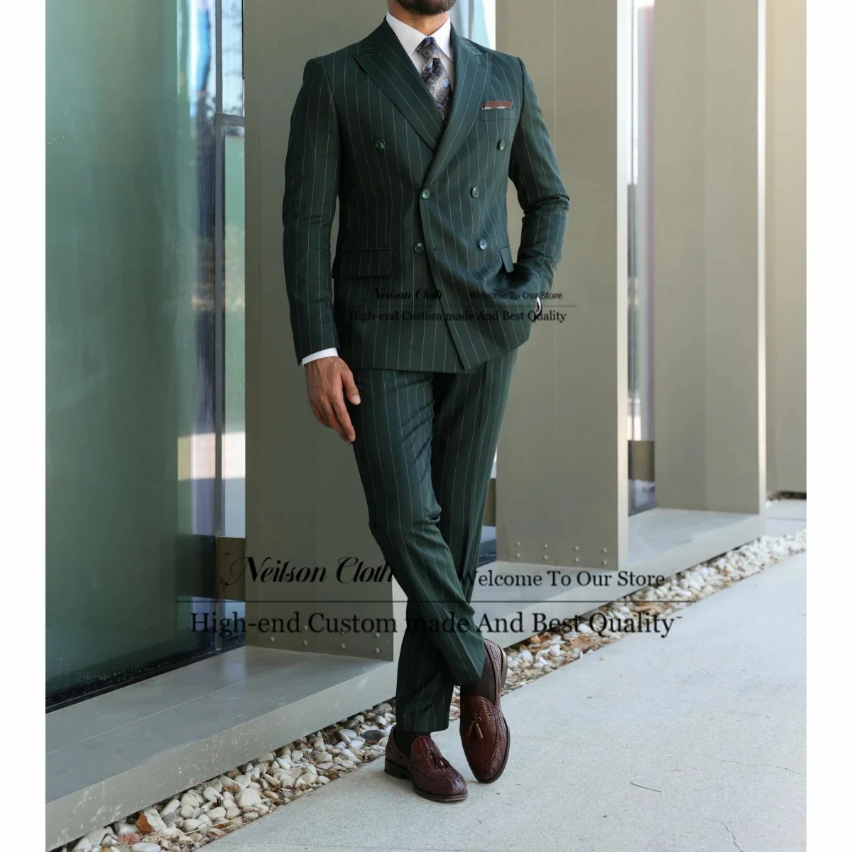 Green Stripe Male Prom Blazers 2 Pieces Sets Peaked Lapel Groom Wedding Tuxedos For Men Slim Fit Double Breasted Terno Masculino