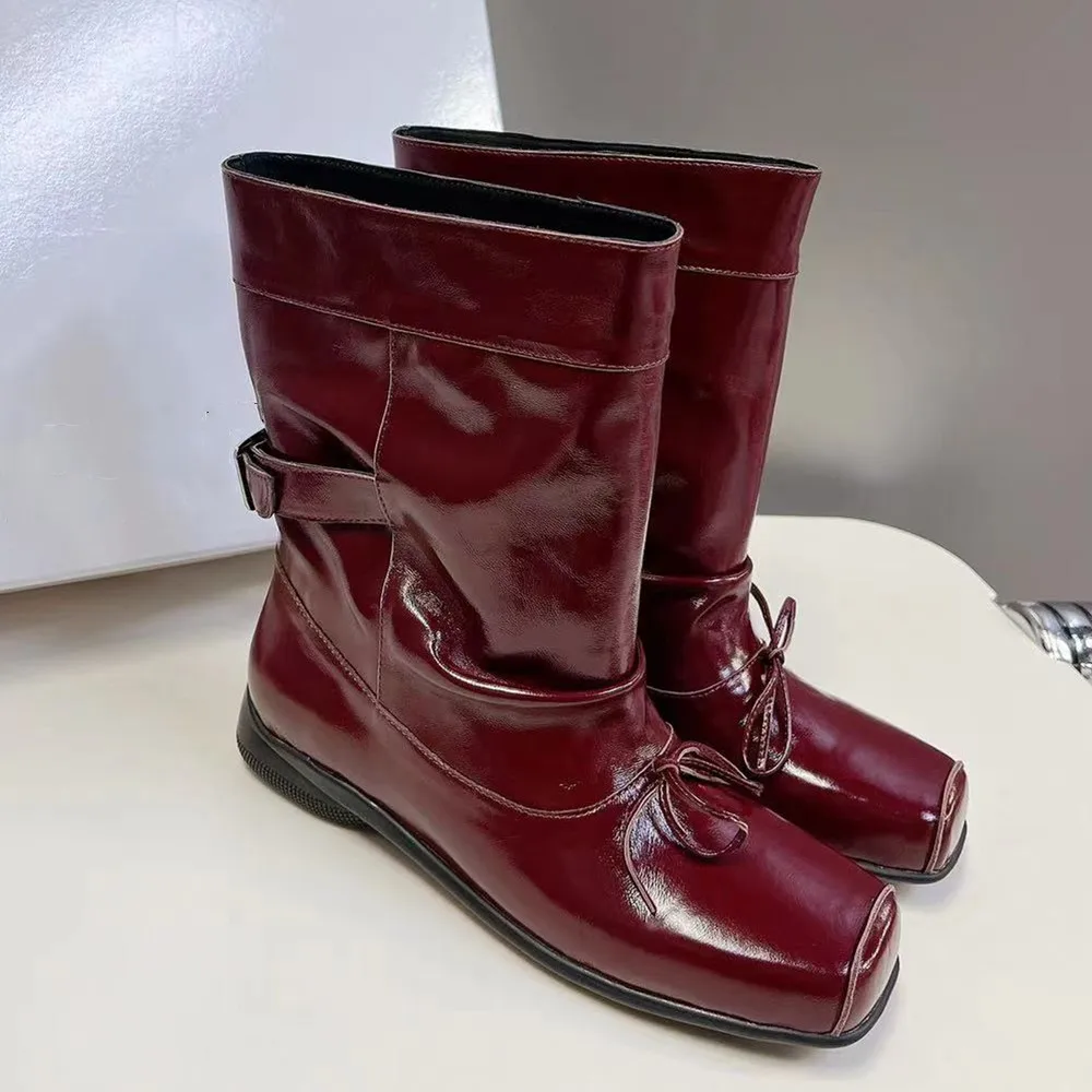 

2024 New Women's Ballet boots Solid Color Square headed flat bottomed non slip sole Solid Color Retro Style Genuine Leather