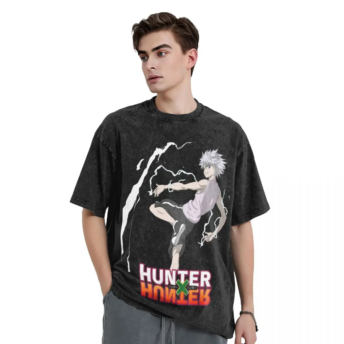 Washed T Shirts Hunter X Hunter Kilua Hip Hop Fashion T-Shirts Oversize Streetwear Short Sleeve Printed Tops Tee Shirt Men Women