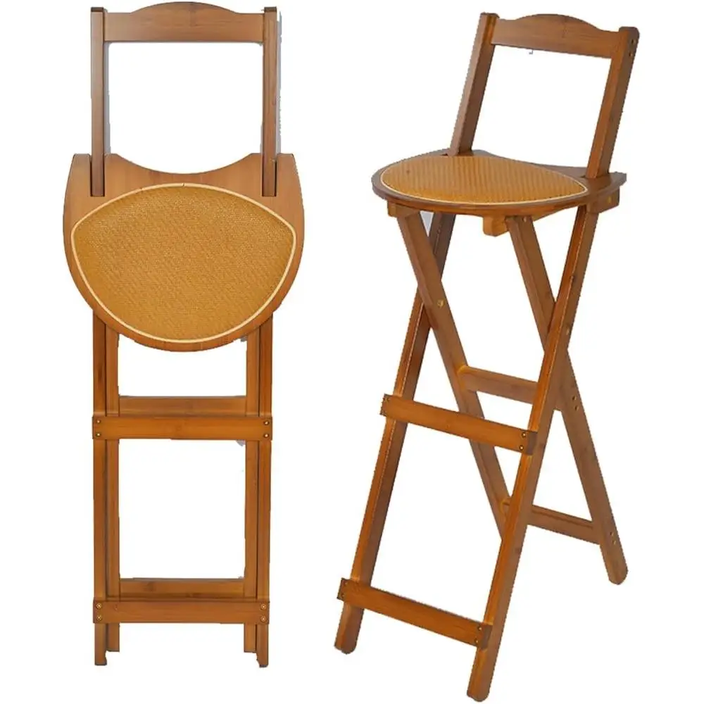 Portable Folding Bar Stool Bamboo Kitchen Counter Height Stool with Backrest Stable Design Space Saving Indoor Outdoor Use