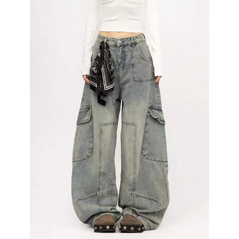 

ZHIZOU Women Wide Fit Cargo Jeans Baggy Denim Pants American Retro Street Wear Y2K Harajuku Cowboy 2000s Tide Grunge High Street