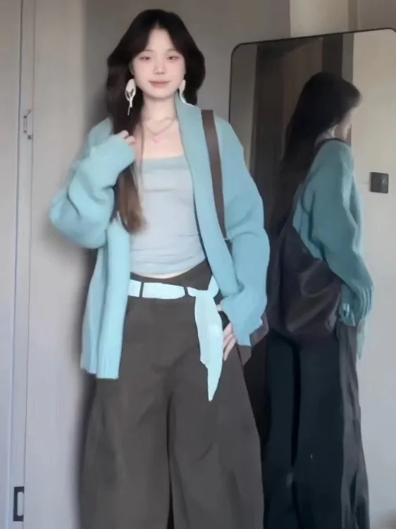 Solto azul camisola de malha cardigan feminino coreano sle outono inverno nova chegada confortável preguiçoso high end sentimento outerwear