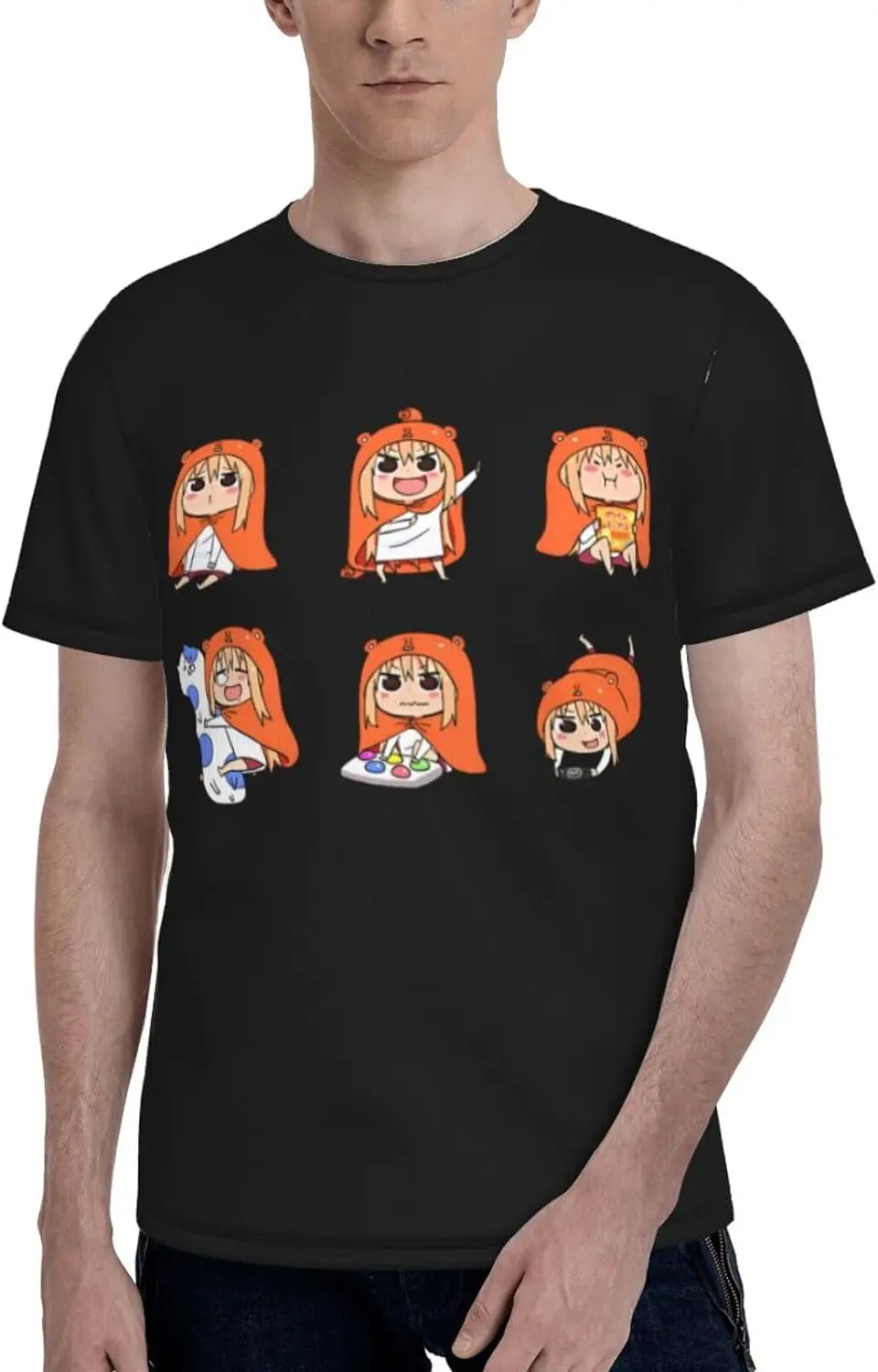 Himouto Anime Umaru-Chan Shirt Men's Polyester Crew Neck Short Sleeve T-Shirt Double Sided Full Print Sweatshirt Tops Black