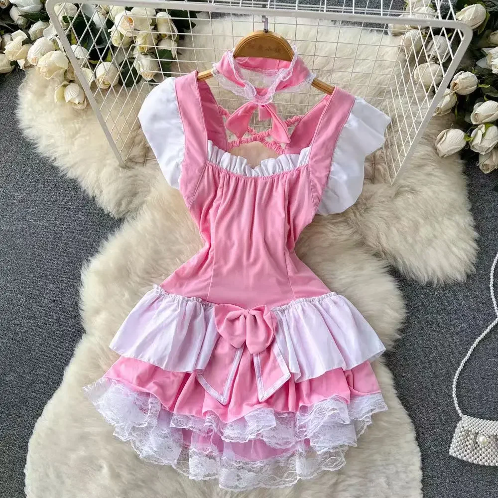 Pink Sweet Women LolitaMini Dress Y2k Servant Low Cut Lace Patchwork Mini Dress Birthday Cocktail Role Play Maid Short Dresses