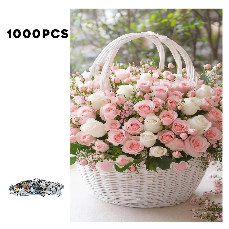 Puzzle da 1000 pezzi con rosa rosa e floreale con pezzi a forma di cuore - Gioco spesso e impegnativo per adulti e adolescenti, fiore vibrante