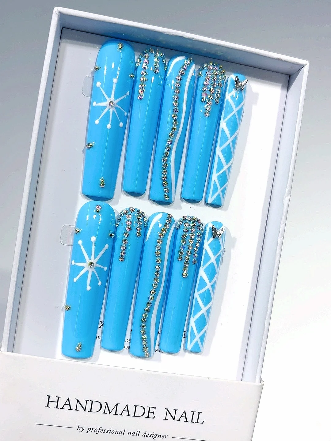 

Blue Rhinestone Star Butterfly Long Square Press on Nails, Handmade False Nails Set for Women (10 Pcs) M053