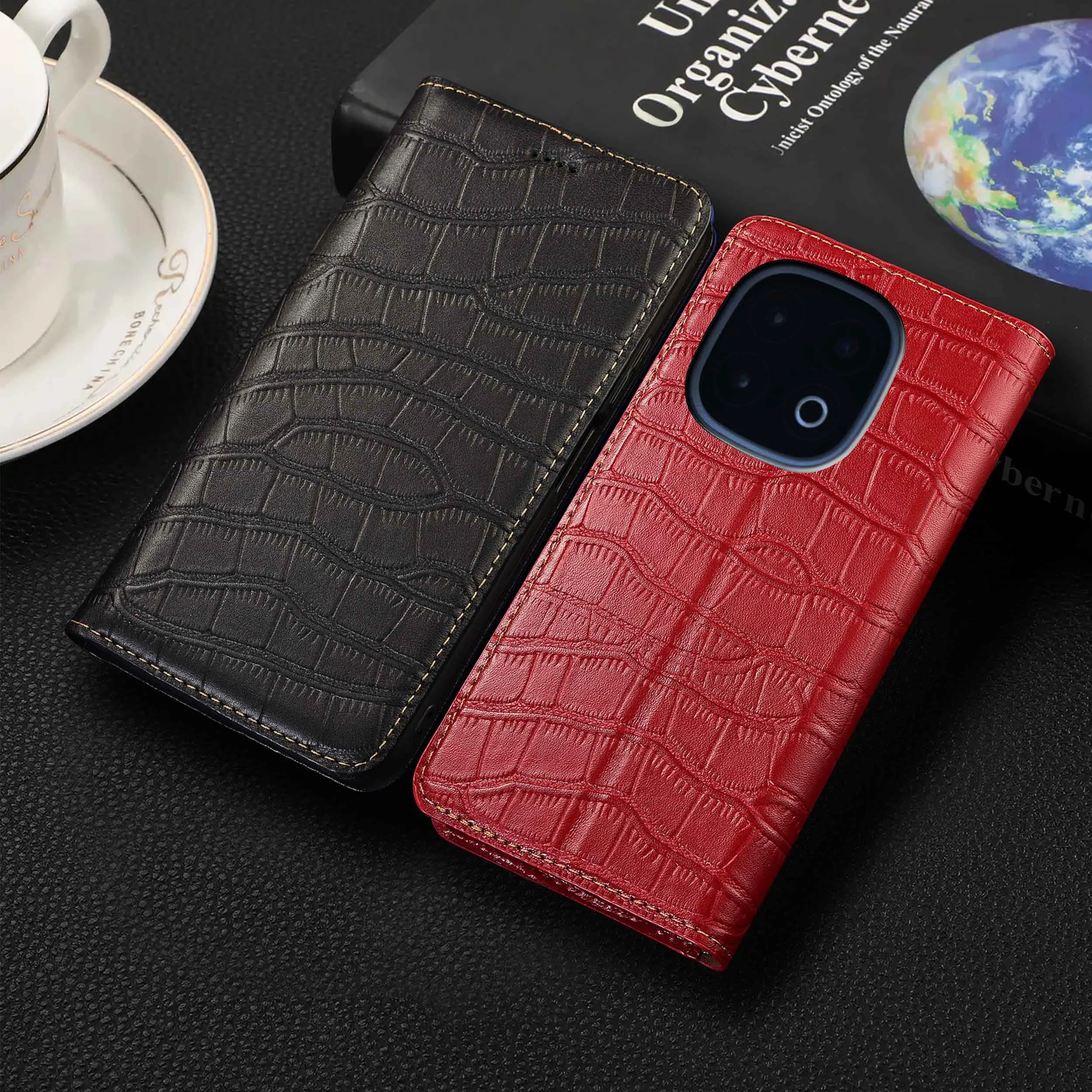 

For Vivo iQOO Z3 Z5 Z6 Z6X Z7 Z7X Z8 Z8X Z9 Z10 Turbo Pro Plus Lite Crocodile Belly Pattern GenuineLeather Flip Phone Cover Case