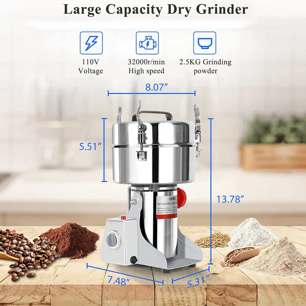 2500g Commercial Spice Grinder Electric Grain Grinder Mill Grinding Machine for Dry Grains Spices Coffee Flour Mill Pulverizer