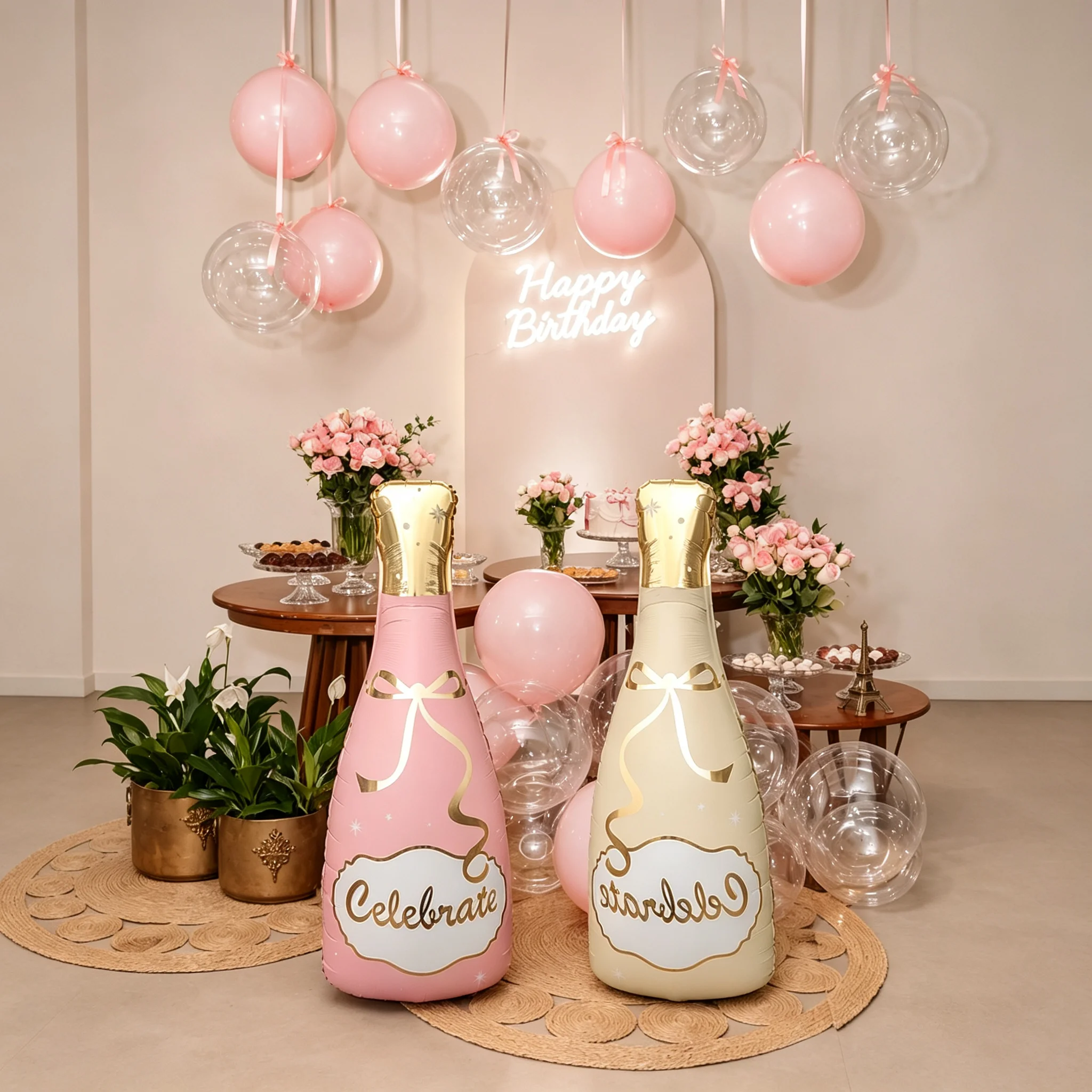 2 Stück roségoldener Folienballon in Form einer Champagnerflasche mit Schleife; geeignet für Geburtstagsfeiern und Jubiläen.