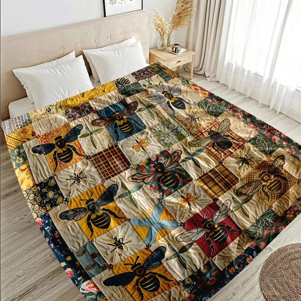 Bee Themed Quilt Blanket, Honeycomb Bumblebee Print, Heavy Flannel All Season, Farmhouse Machine Washable Housewarming