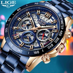 LIGE Top Brand Luxury Mens Watches Fashion Hollow Watch Men Waterproof Sport Quartz Chronograph Wristwatches Relogio Masculino