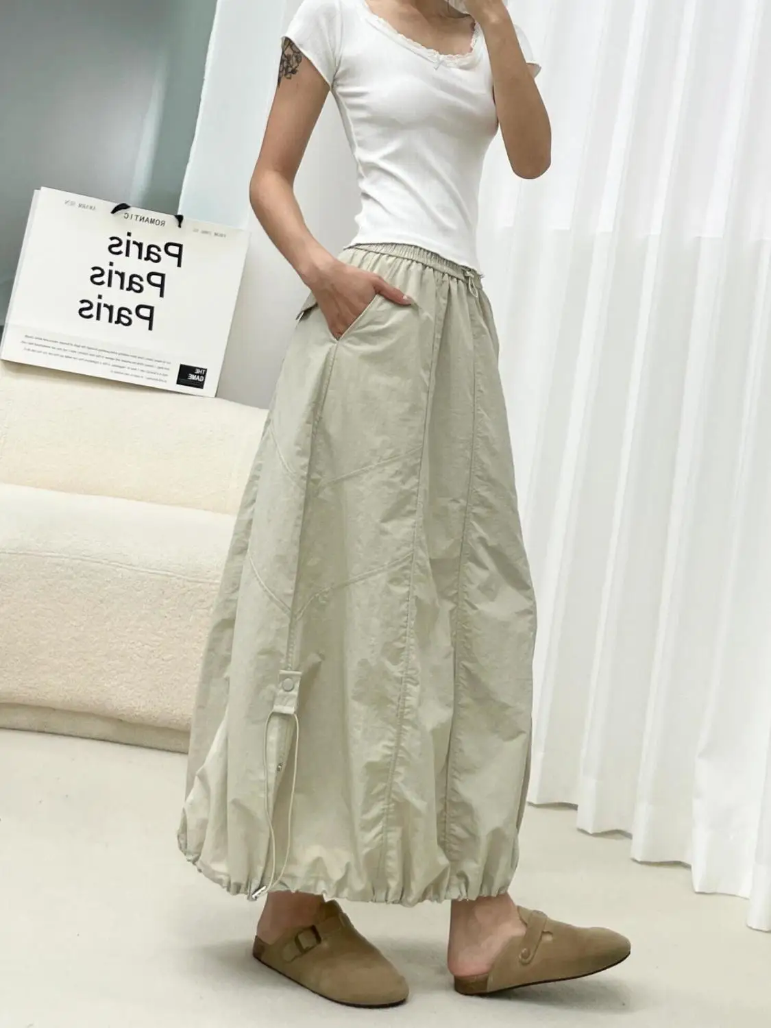 

2025 American Style Quick Dry Cargo Skirt for Women Drawstring High Waist Elastic Midi Bubble Skirt Loose Fit Flattering Design