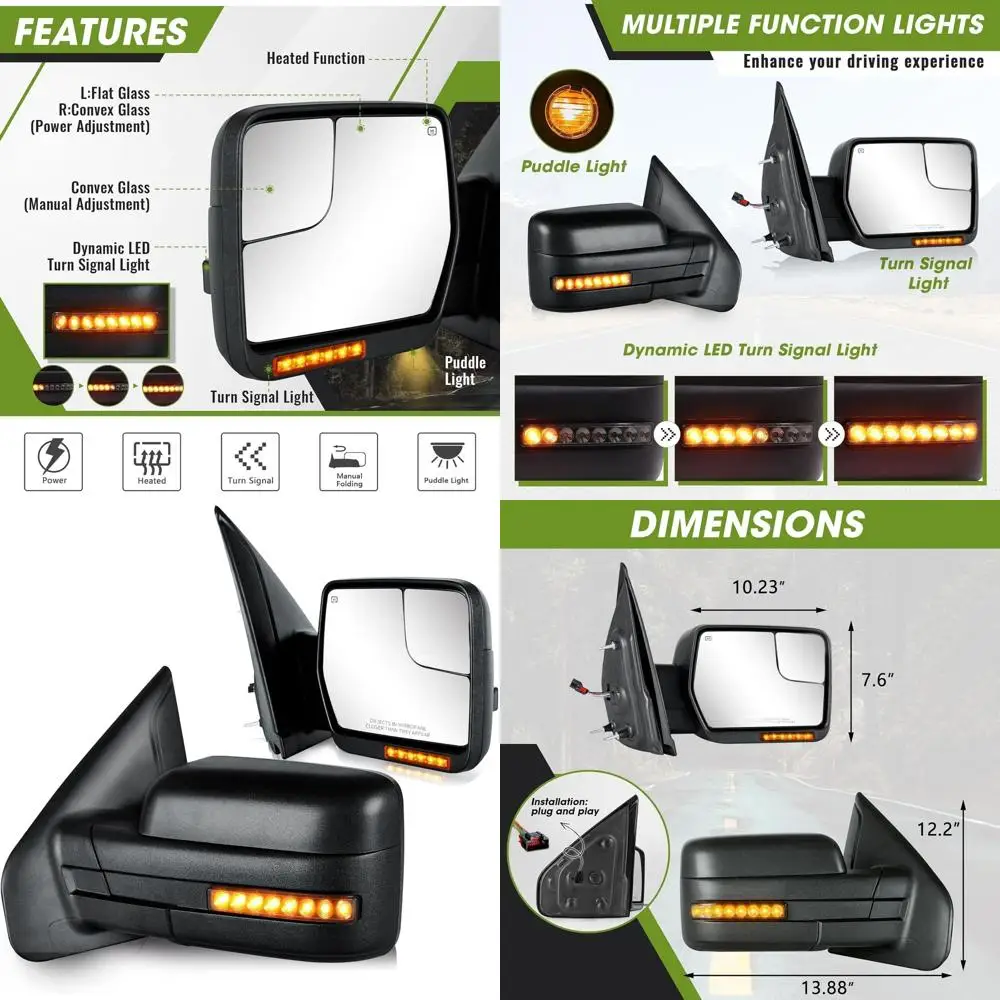 

Side Mirrors for 2004-2014 Ford F-150 with Dynamic Turn Signal Puddle Light Heated Power Glass Manual Folding Tow Mirrors- Pair