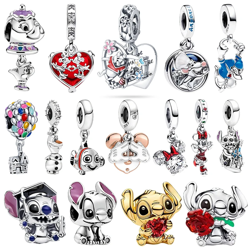 Abalorio de Plata de Ley 925 de Disney con Diseño de Mickey, Stitch, Winnie the Pooh y el Pato Donald para Pulseras de Mujer, Joyería DIY, Colgante, Regalos