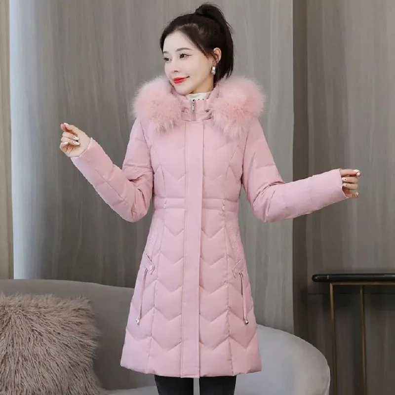 New Slim Long Winter Jackets Fashion Women Cotton Padded Parkas Stand Hooded Detachable Fur Collar Solid Female Casual Coat 2024
