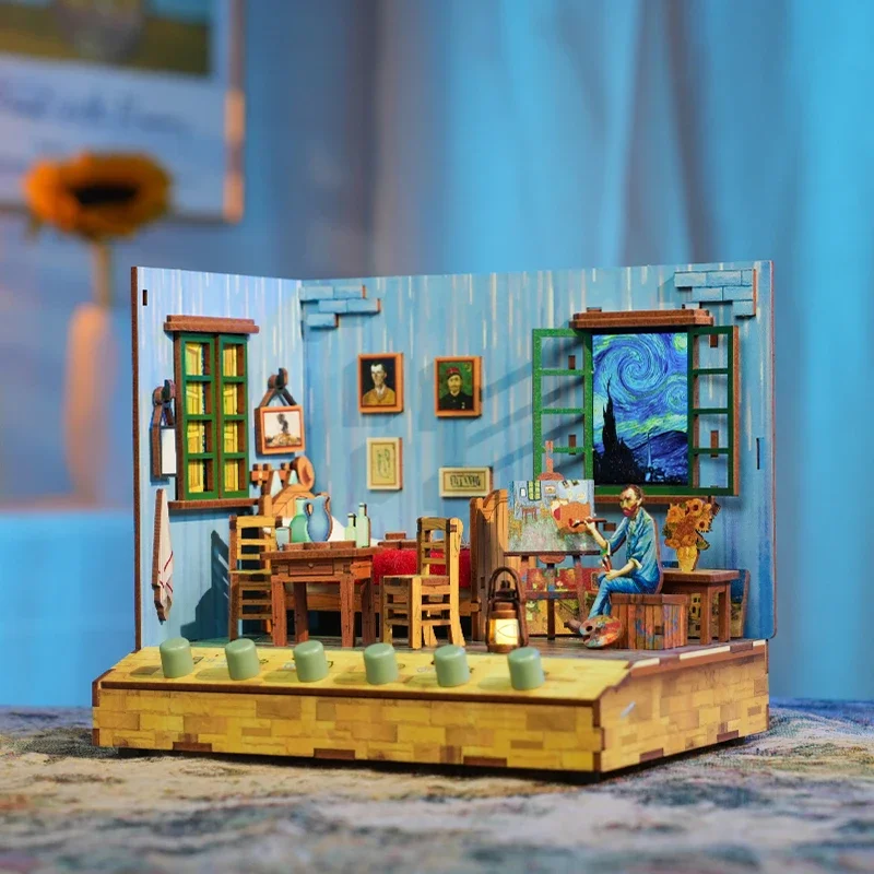 Animation Assembly House Van Gogh's Bedroom DIY Handmade Pop-up Book Building Block Toy Wooden Miniature Model Birthday Gift