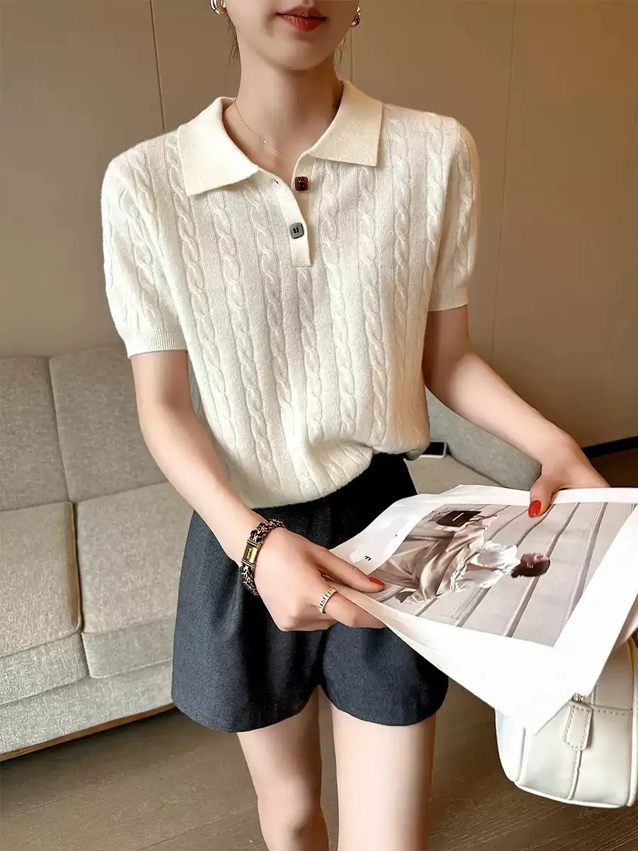 POLO neck knitted short sleeve T-shirt women's summer new simple commuting fashion twist top