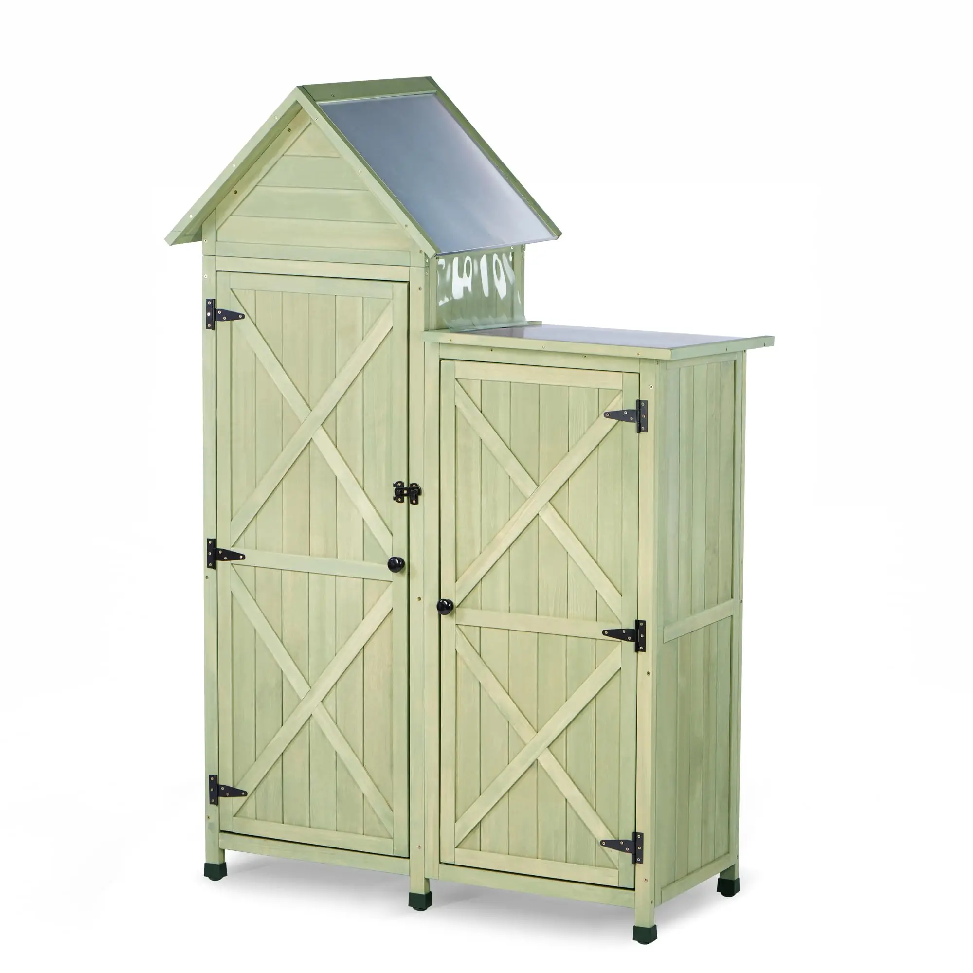 Outdoor Storage Cabinet - Waterproof Metal Roof & Wooden Veal Design, Tall Garden Tool Shed with Multiple Shelves for