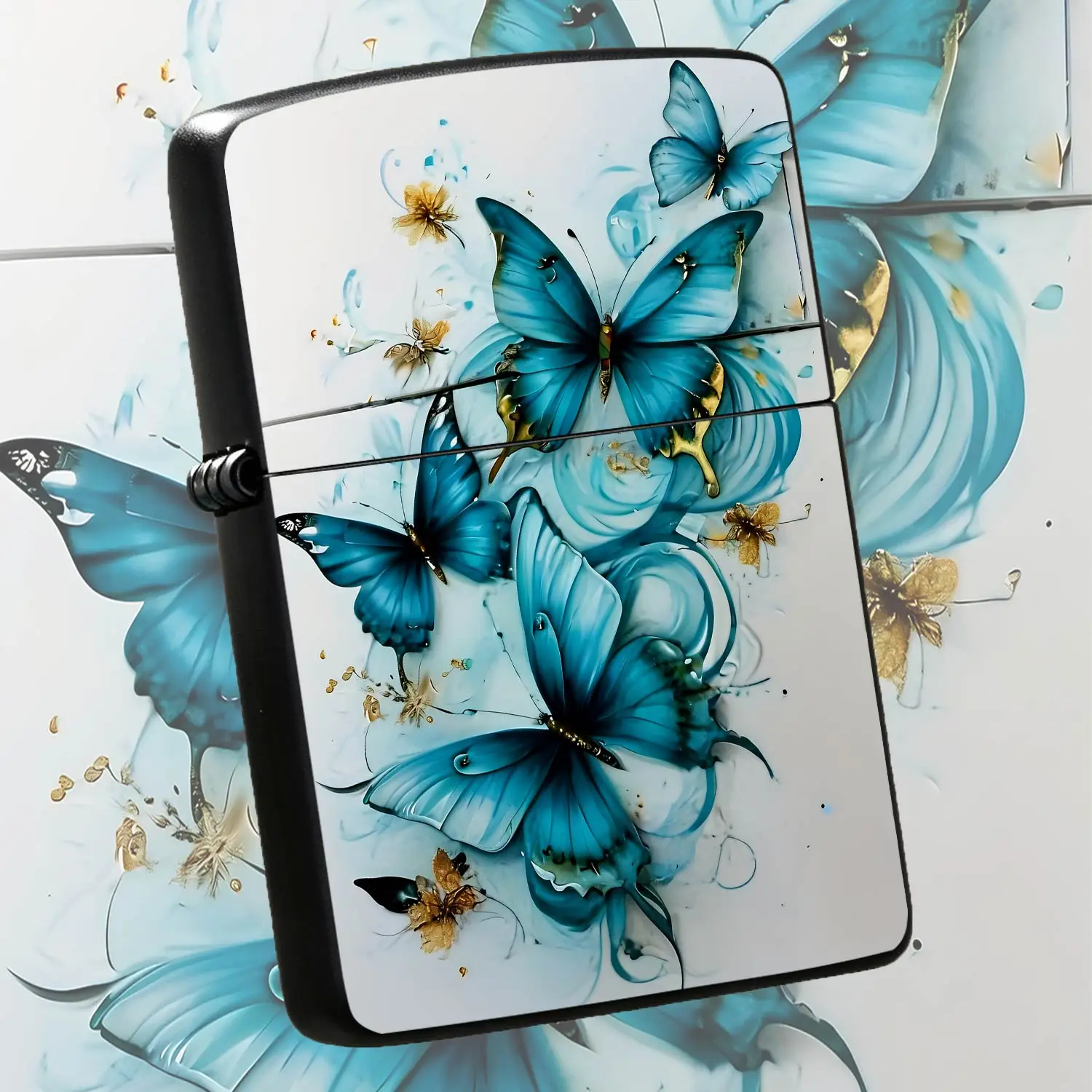 Artistic Blue Golddecorative Lighter, Exquisite Gilded Accent With Clear Blueimagery, Atmospheric Creative Portable Daily Item, Suitable For Outdoor Trips, Daily Gifting, Desktop Display And Multiple Scenarios, Fine Text A Humorou And Inter