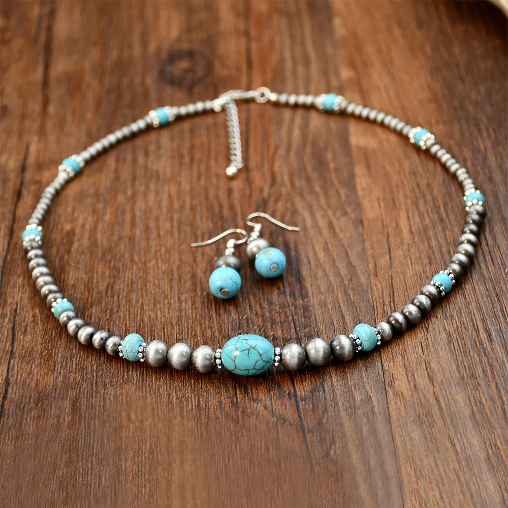 2PCS Vintage Round Beads Inlaid Turquoise Necklace Earring Set Women\'s Fashionable Personalized Handmade Jewelry