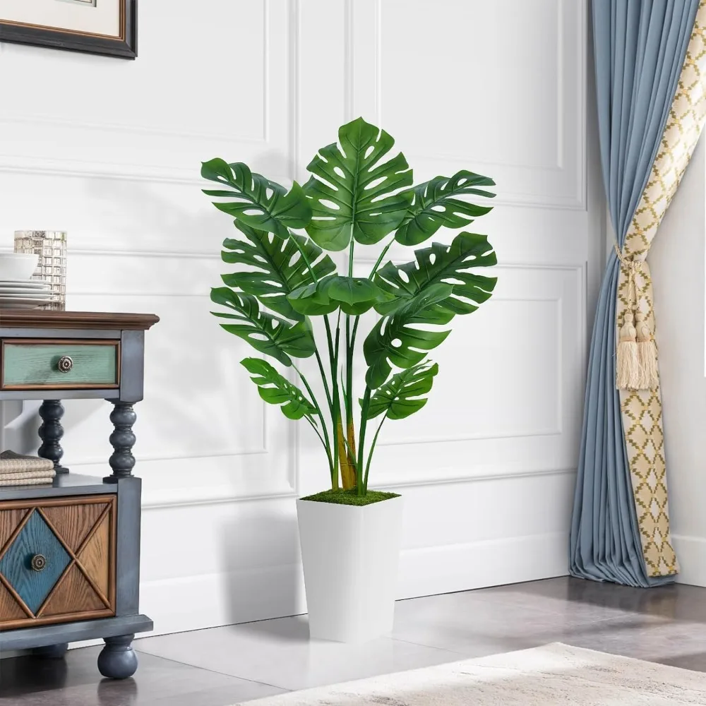 Artificial Monstera Deliciosa Plant 5FT - Faux Tropical Palm Tree with White Tall Planter - Fake Swiss Cheese Floor Plant Potted