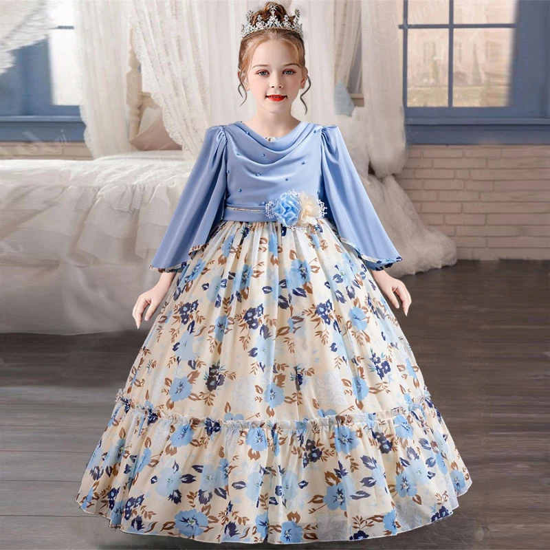 Girls\' chiffon retro princess dress 4-12 years old flower embroidery long dress banquet host fashion high-end performance dress