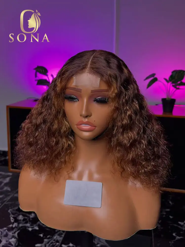 

Ombre Brown 4/27 Short Bob Wig 200% Density Highlight Curly Deep Wave 4x4 2X6 Lace Closure Wig Human Hair For Women Pre Plucked