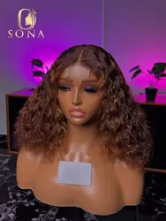 Ombre Brown 4/27 Short Bob Wig 200% Density Highlight Curly Deep Wave 4x4 2X6 Lace Closure Wig Human Hair For Women Pre Plucked