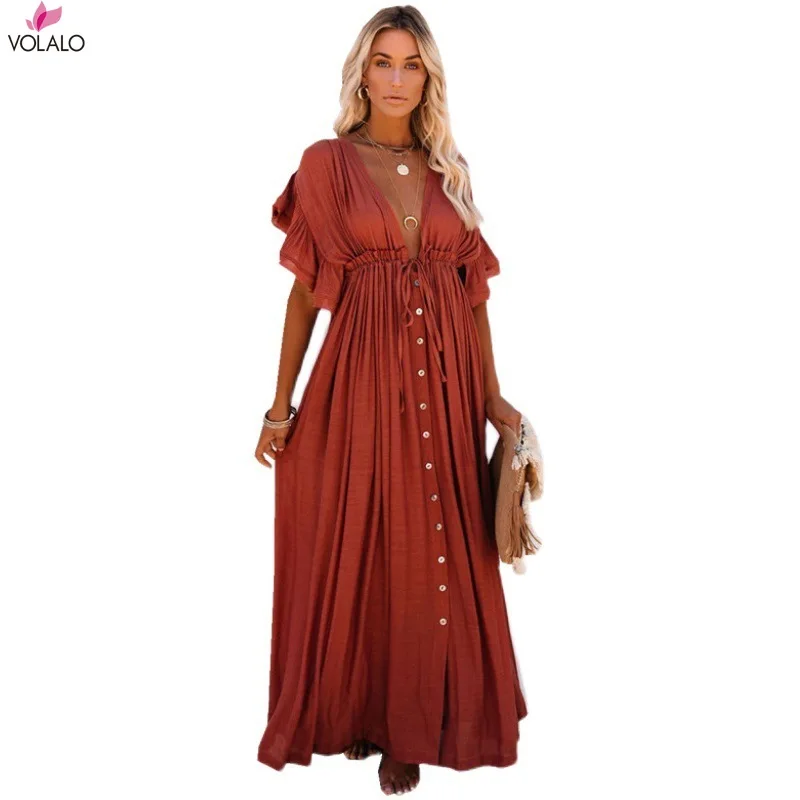 VOLALO 2024 Tunic For Beach Bathing Suit Cover Ups Polyester Beach Dress Women Beachwear Bikini Cover Up Saida De Praia