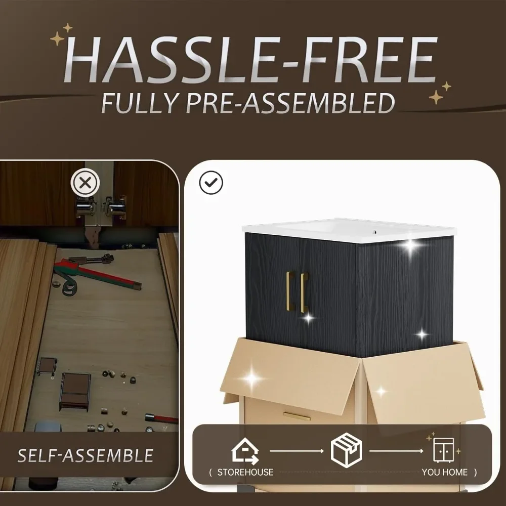 مجموعة خزانة حمام باللون الأسود مقاس 24 بوصة مجمعة مسبقًا بالكامل، وبابين إغلاق ناعمين ودرجين، مع 3 فتحات #4