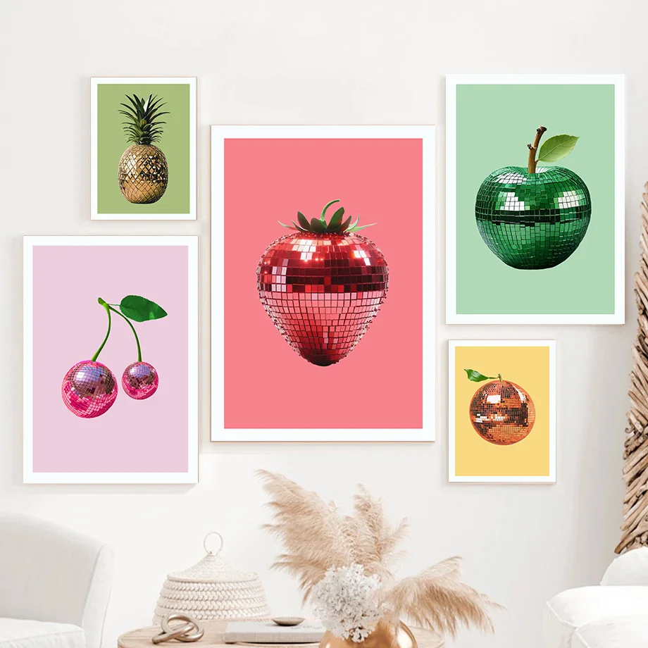 Fruit Pineapple Strawberry Cherry Orange Apple Disco Ball Poster Print Wall Art Pictures Canvas Painting Room Home Decor Gift