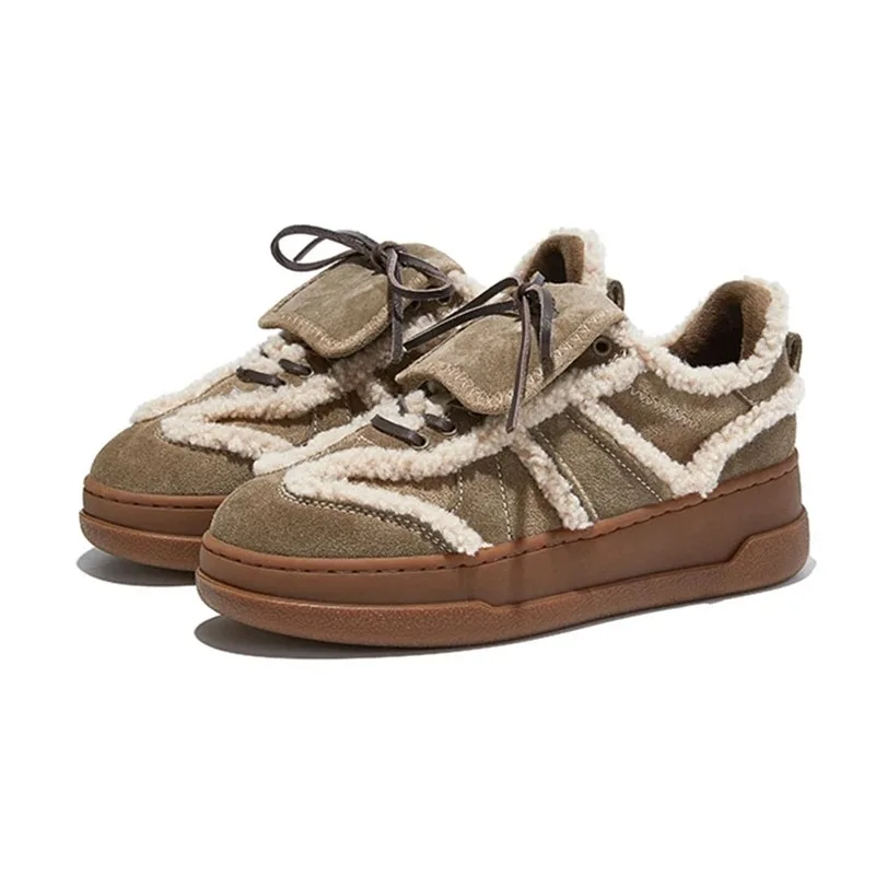 

Коричневые зимние кроссовки из натуральной кожи в стиле ретро, женские уютные туфли дерби на флисовой подкладке, модные нескользящие кроссовки с бантом и шитьем
