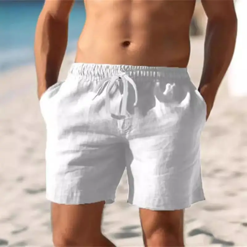 Pantaloncini da Uomo in Cotone e Lino con Elastico, Gamba Dritta, Stile Estivo Semplice, Colore Unico