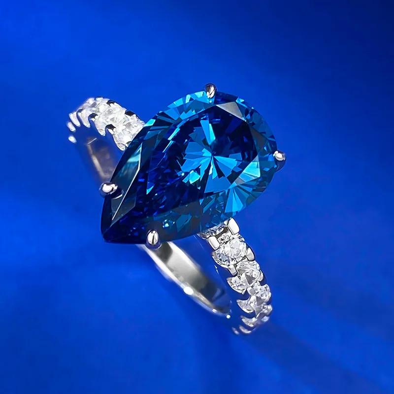 S925 Silver Royal Sapphire 9*14mm Pear-shaped Water Drop Wedding Ring