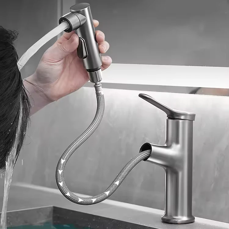 ！@Modern Single-Hole Pull-Out Basin Faucet with Hot Cold Water Flexible Hose Ceramic Valve Bathroom Tap Basin Mixer Taps for Sin