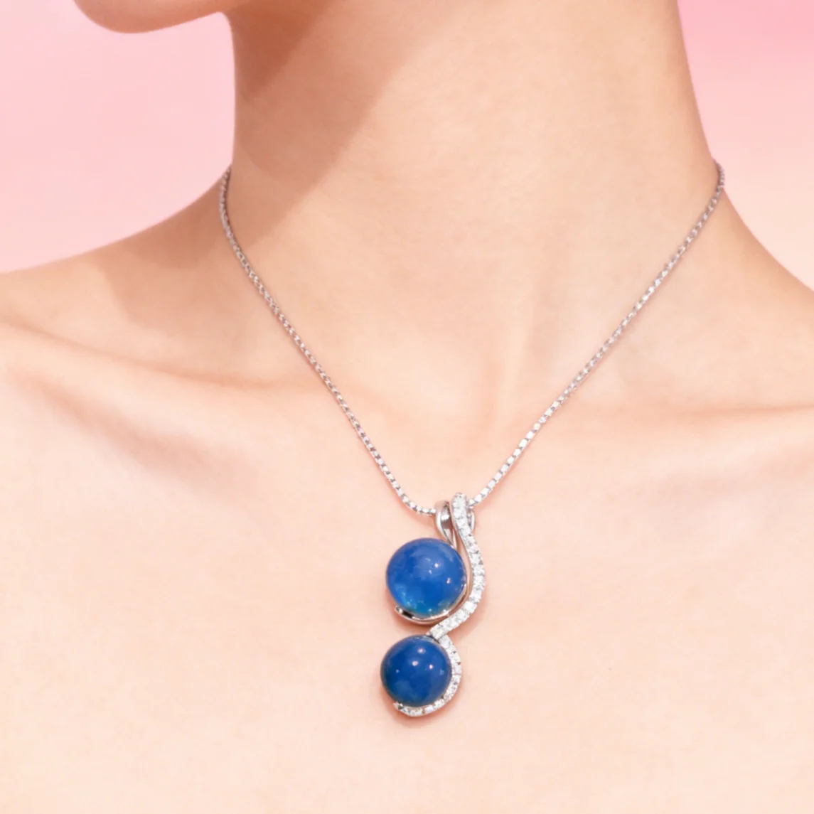 Mexican Blue Amber Pendant Necklace with 8mm 9mm Beads Sterling Silver 2 in 1 Minimalist Collar Jewelry for Women
