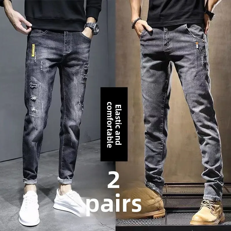 

Мужские джинсы с вышивкой, зауженные, повседневные, длинные брюки, универсальные, для осени и зимы, новинка, модный бренд, средняя высота талии