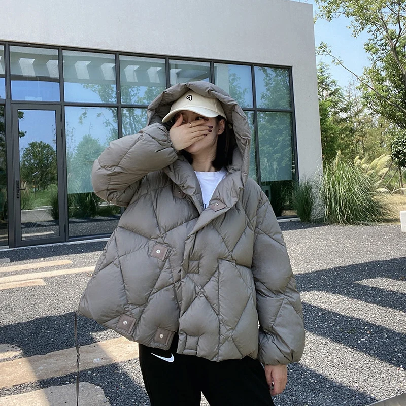 Schinteon Women White Duck Down Jacket with Hood Casual Loose Over Size Autumn Winter Warm Outwear Coat 2023 New Fashion