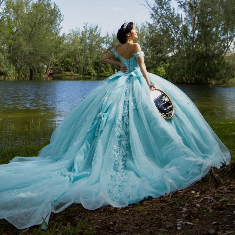 

Blue Shiny Quinceanera Dresses Off The Shoulder Applique Flower Beads Bow Tull Party Birthday Sweet 16 Dress Vestidos 15 De Anos