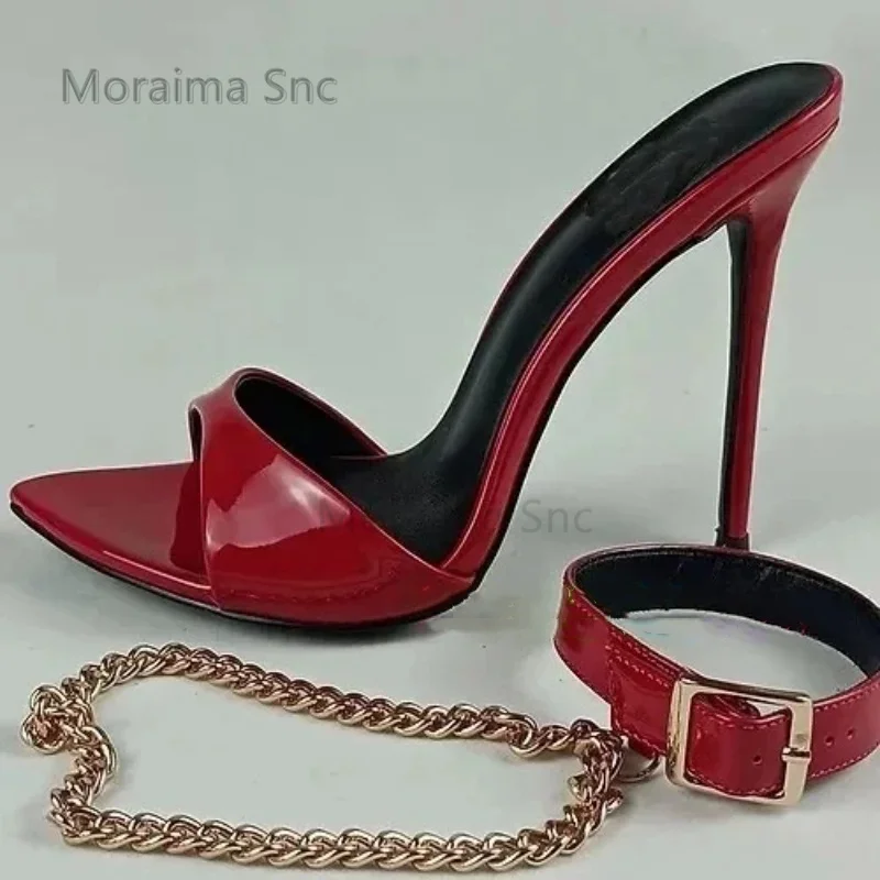 Metal Chain Pointed Toe Patent Leather Sandals for Women High Heels Sexy Black Red Belt Buckle Summer Shoes Stiletto Sandals