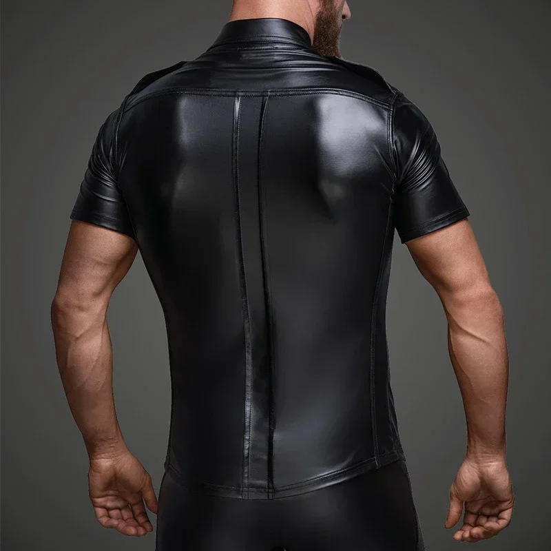 Men Wet Look T-shirt Patent Leather Short Sleeve Tees Male Turn-down Collar Shaping Latex Casual Tops Sexy Shapers Bodybuilding