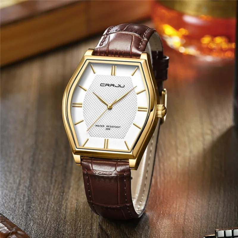 CRRJU 5020 ساعة كوارتز رجالية كلاسيكية تونيو حافظة جلدية حزام مقاوم للماء ساعات عمل بسيطة للرجال ساعة يد عادية