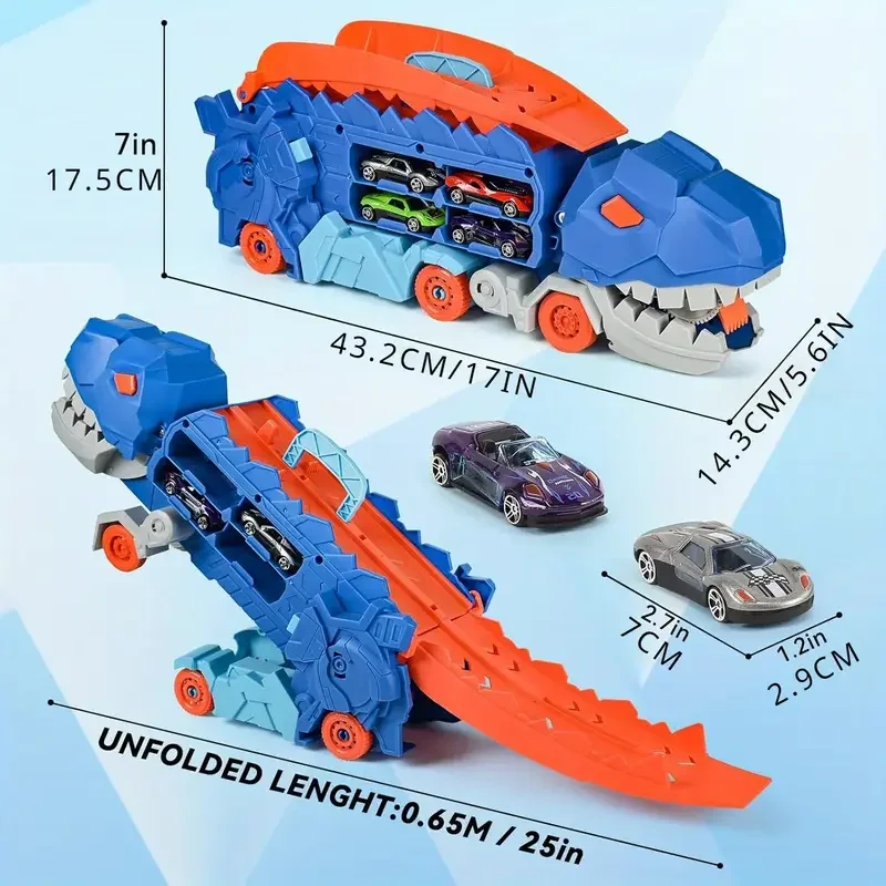 

Foldable Transport Dinosaur Truck With Sliding Race Track Transforms Into Standing T-rex Best Birthday Gifts Toys Boys Girls Kid