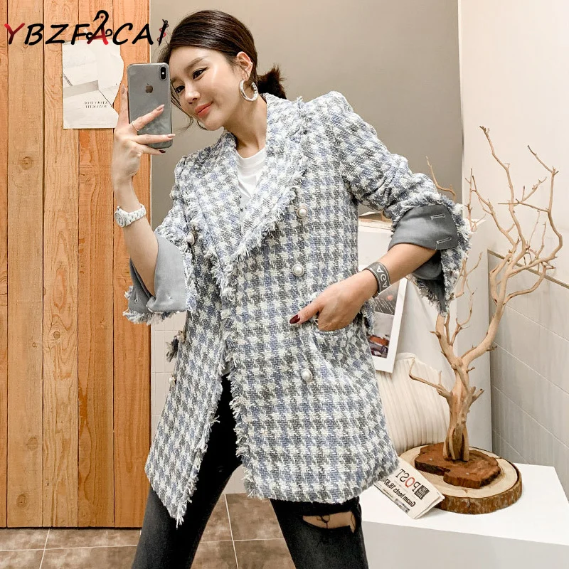 High Quality Women Jacket 2022 Fall Winter Slim Houndstooth Coat Pearl Button Fringe Tweed Jacket Luxury Lady Blue Check Blazer