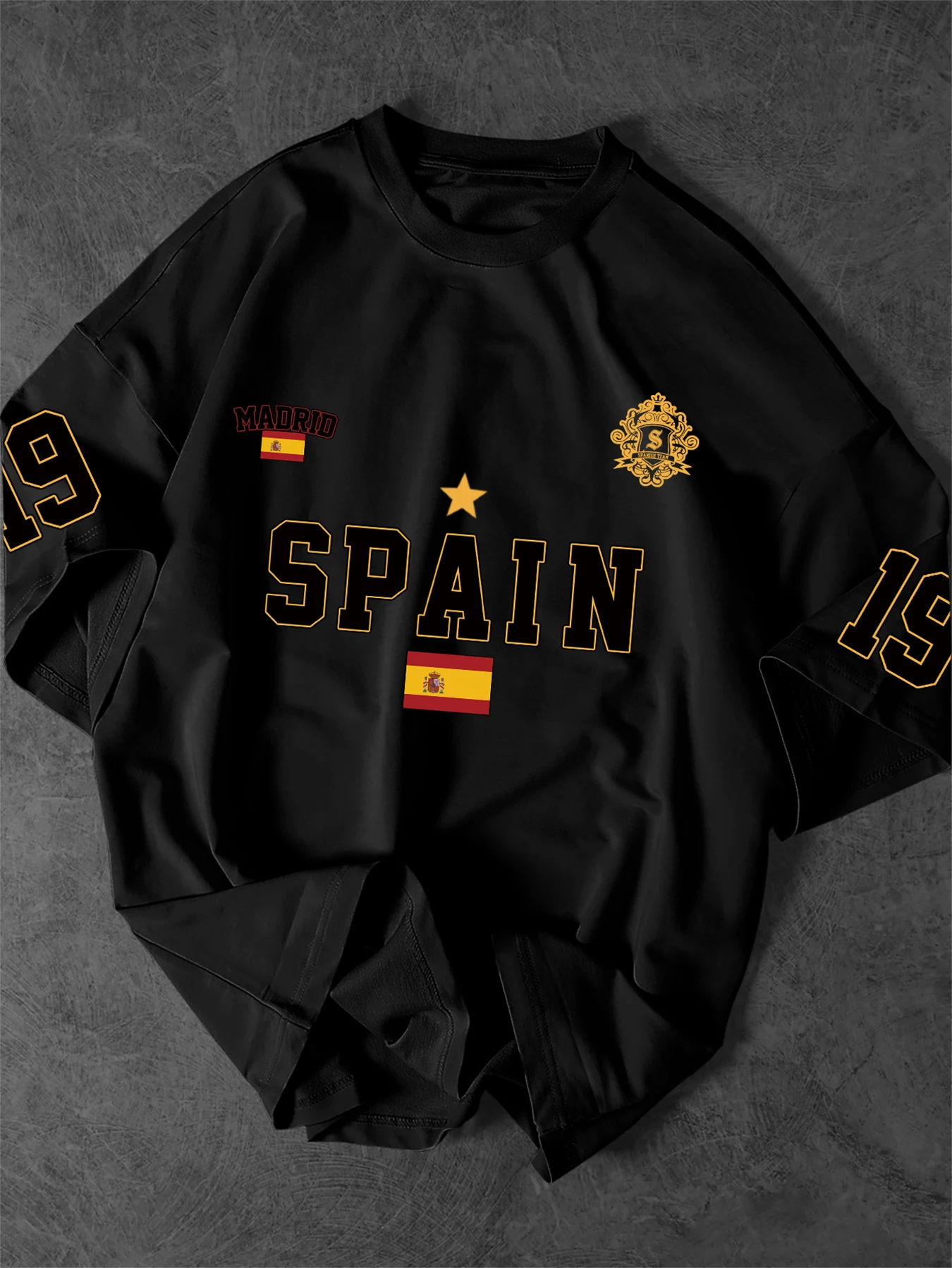 Camiseta Oversize para Hombre España 19 con Gráfico de Corona y Bandera de Madrid, Manga Corta, Estilo Casual Urbano