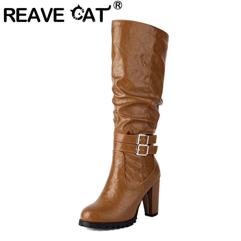 REAVE CAT Women Knee High Boots Round Toe Block Heels 9cm Buckles 34cm High 49 48 Vintage Riding Booties