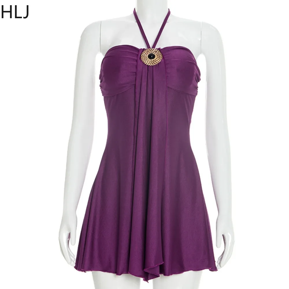 HLJ Robe Mini Moulante Sexy à Fronces et Patchwork pour Femme, Couleur Unie, Col Halter, Sans Manches, Dos Nu, Style Streetwear, Nouveauté