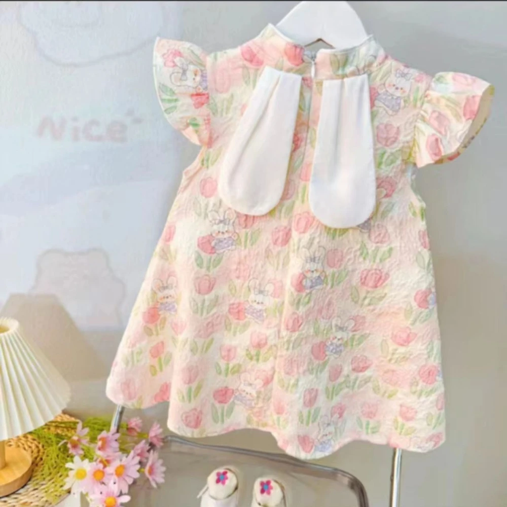 

Pink Korean Version Sweet and Cute Imitation Rabbit Flying Sleeve Flower Print Dress for 1-2 Year Old Baby Girls Summer Clothes