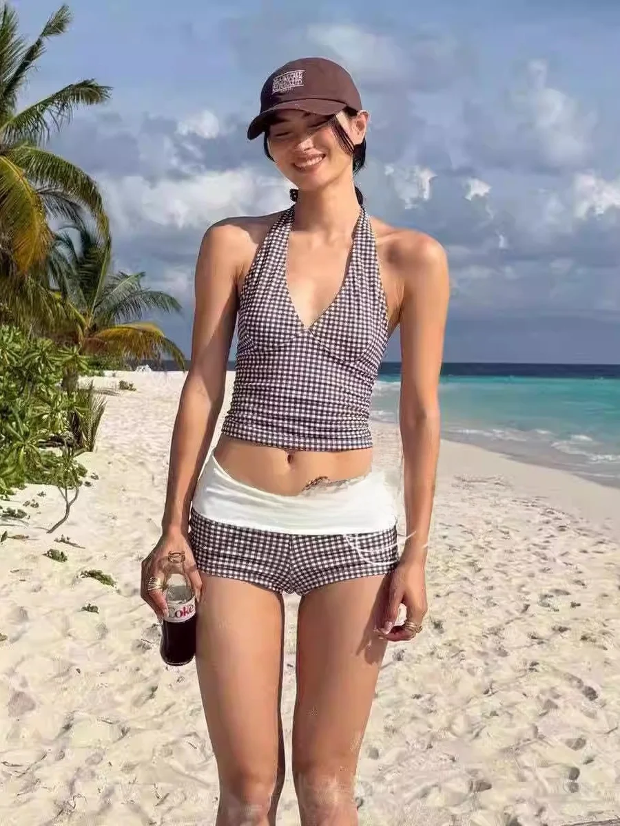 

New Women's Retro V-ne Plaid Bikini Slimming Swimsuit Sexy Girl High Waist Separate Swimwear Beach Vaion Holiday Use