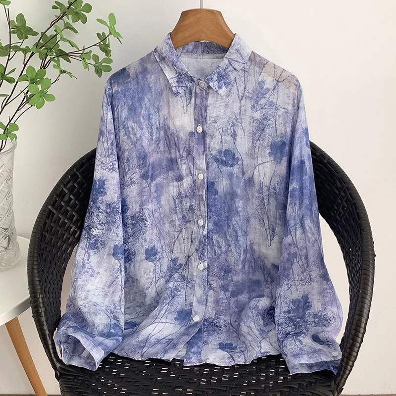 

Lightweight Autumn New Sle Purple Print irt Women's Casual Loose Fit Long Sve Versatile Top Faionable Artistic Blouse